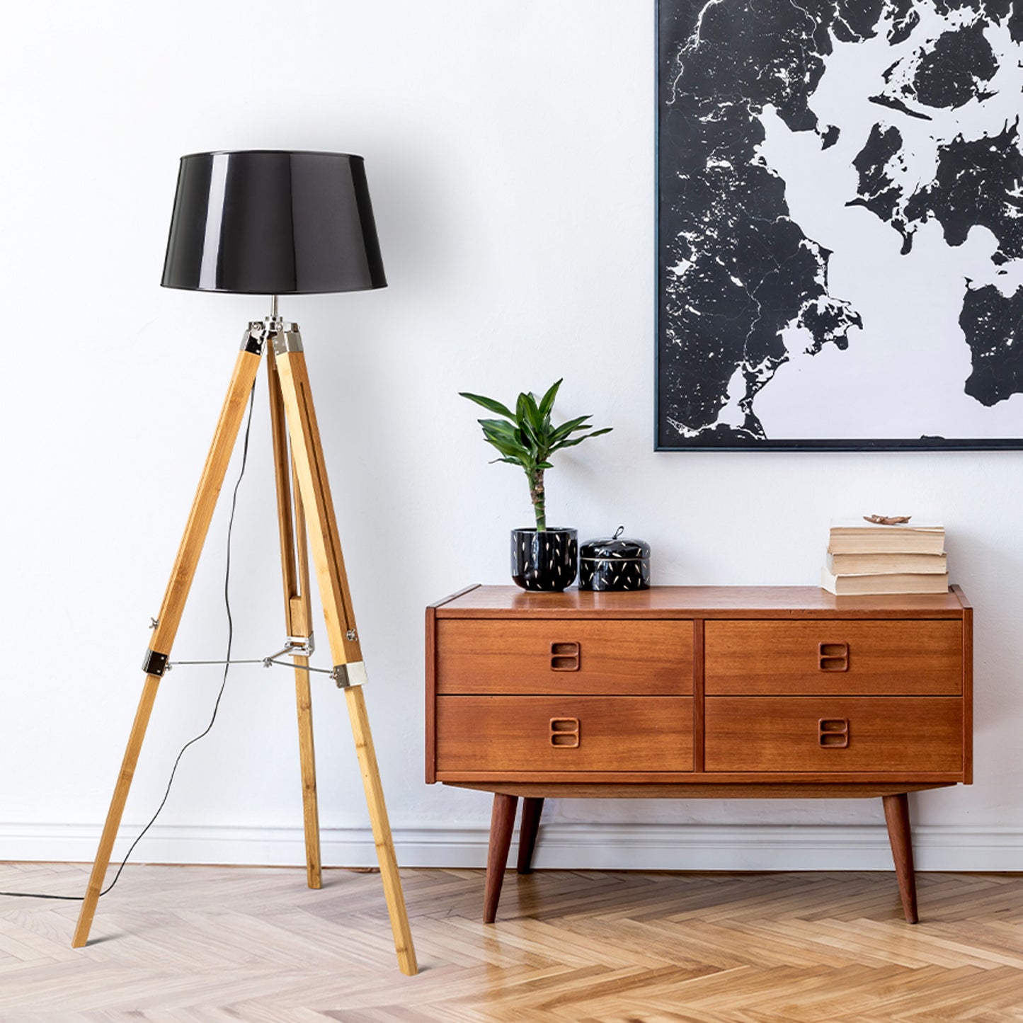 RENDL floor lamp ALVIS/RIDICK floor shiny black golden foil/bamboo/chrome 230V LED E27 15W R14046 2