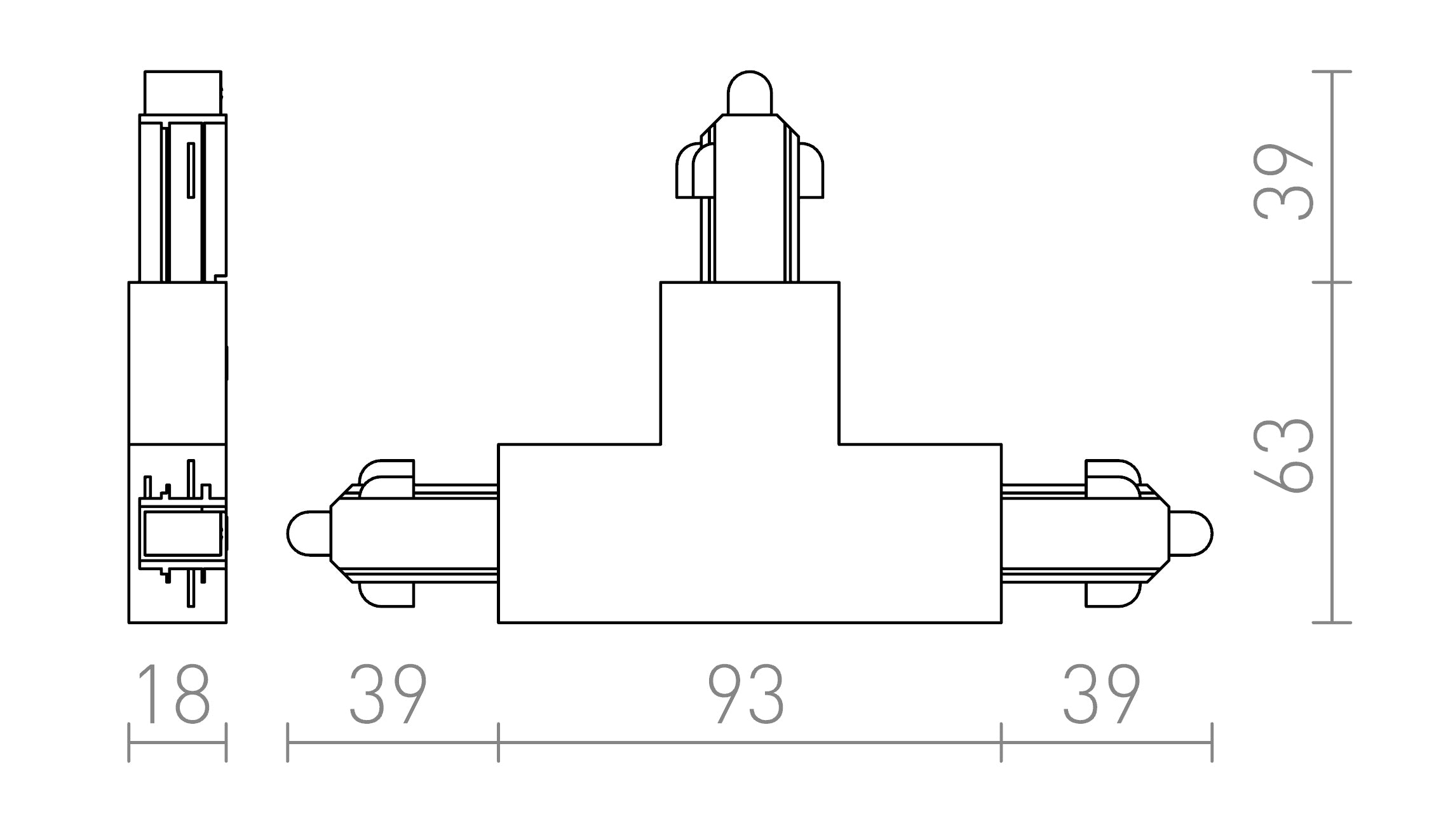 Articulação T PARA CALHA MONOFÁSICA (POLARIDADE DIREITA) - Product sketch