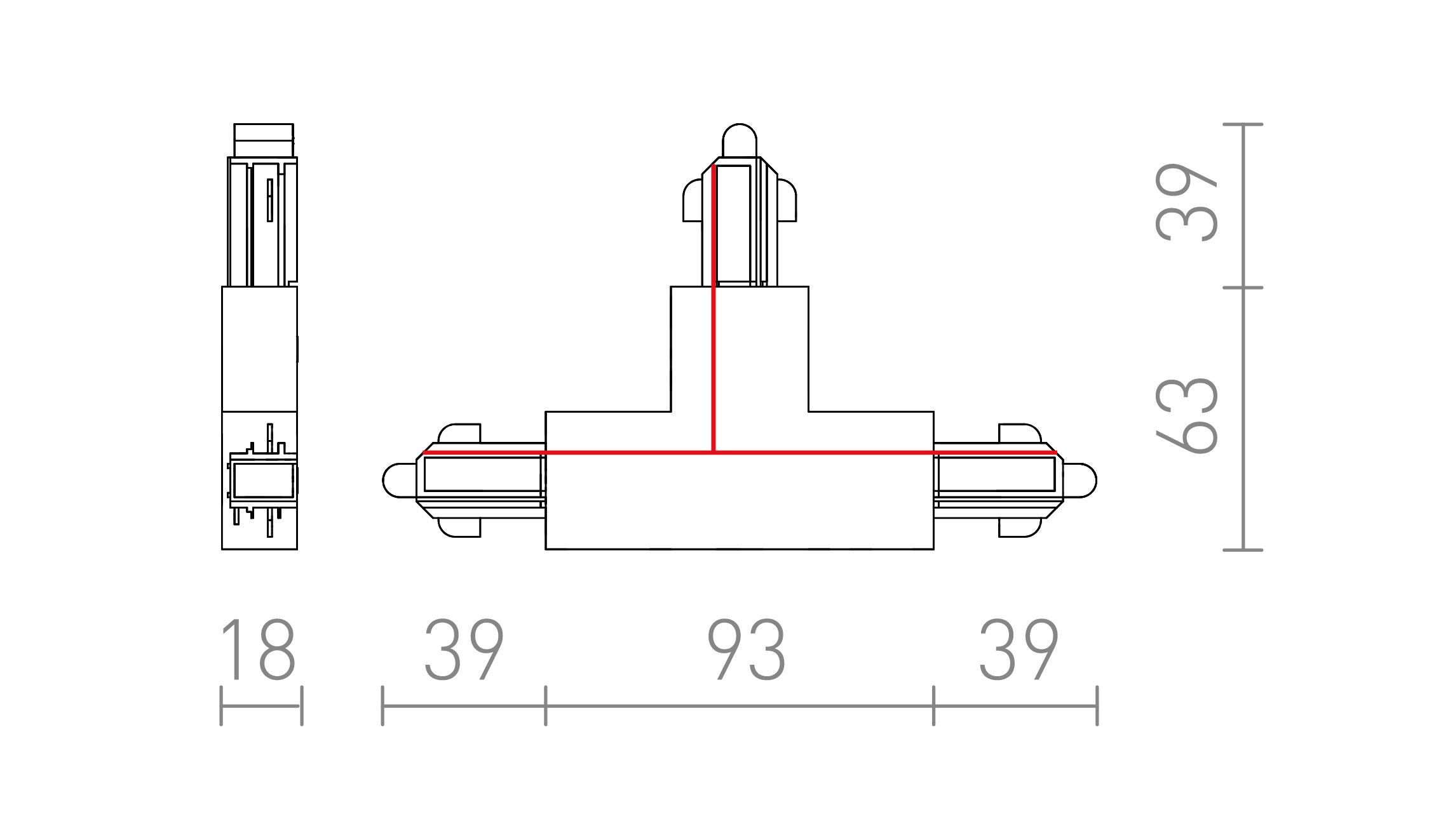 Articulação T PARA CALHA MONOFÁSICA (POLARIDADE DIREITA) - Product sketch